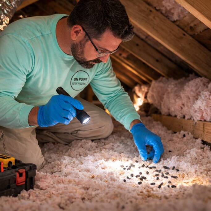 On Point Pest Houston Technician inspecting attic insulation for rodent feces