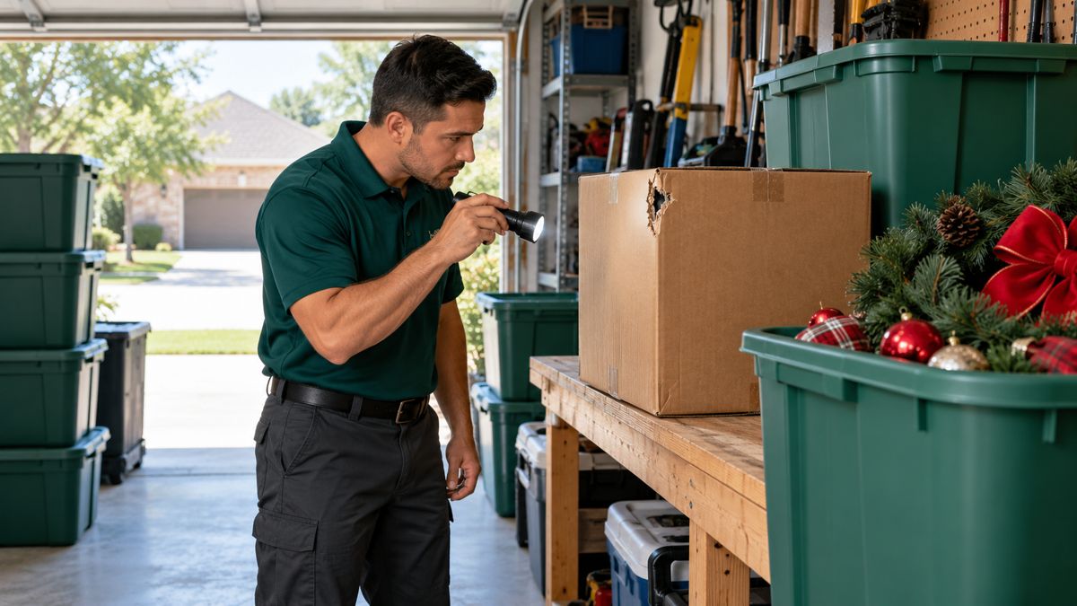 Technician examining holiday storage packaging in a garage